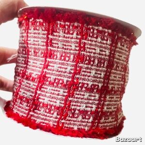 3.5” X 12 FT Wired Ribbon With Red Embroidered detail. Christmas, birthday, gift